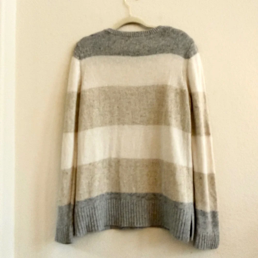 Banana Republic Mens Striped Wool Blend Crew‎ Neck Sweater Gray Tan Medium